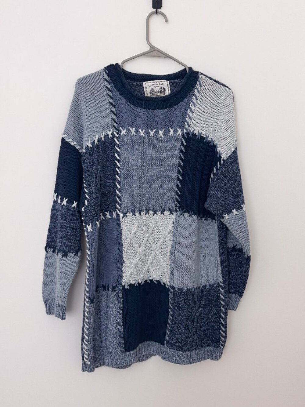 Jacque & KoKo Patchwork Knit Sweater Tunic Blue Chunky 14/16
